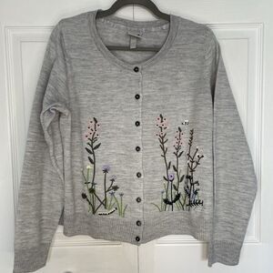Ulla Popken Von Landen Gray Floral Embroidered Wool Blend Cardigan Size XL